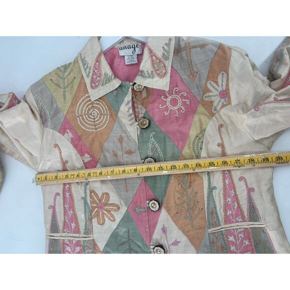 Anage Vintage Jacket Womens Large Beige Pink Green 100% Silk Embroidered Nature - Picture 14 of 16
